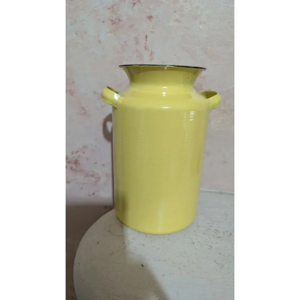 Yellow Enamel Milk Can Vase Farmhouse Rustic Decorative Pitcher with Handles 8in